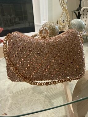 Rose Gold Crystal-Embellished Evening Clutch with Chain